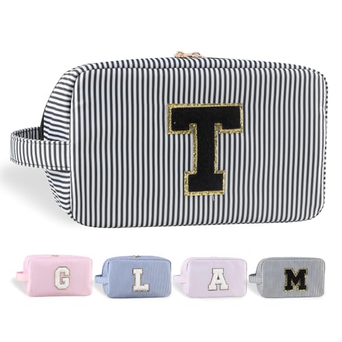 YogoRun Make-up-Tasche mit Glitzer-Chenille-Buchstabe, genäht, tragbarer Griff, wasserabweisend, Badezimmertasche für Damen, Nylon-Kosmetiktasche mit 3 Taschen, StripeBlack-T, Einheitsgröße, Modern von YogoRun