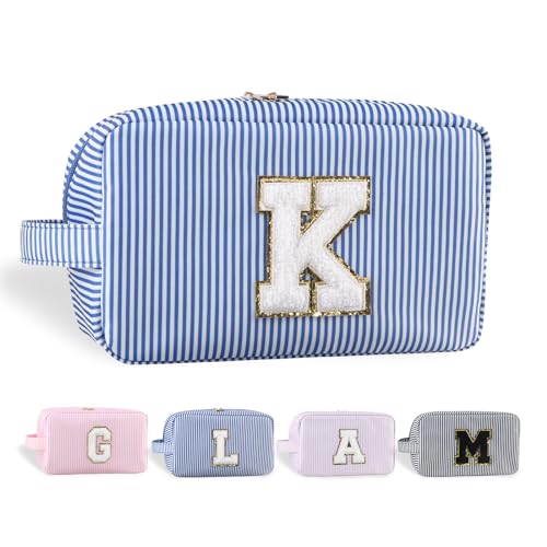 YogoRun Spring Break Essentials Monogramm Initiale Make-up-Tasche, wasserabweisend, Badezimmertasche für Damen, Nylon-Kosmetiktasche mit tragbarem Griff und Taschen, StripeBlue, Einheitsgröße, K von YogoRun