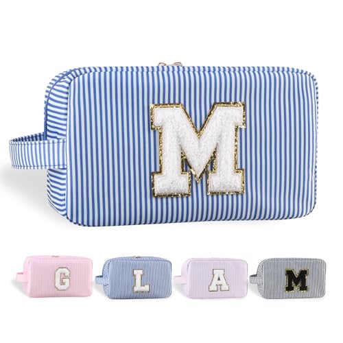 YogoRun Make-up-Tasche mit Glitzer-Chenille-Buchstabe, genäht, tragbarer Griff, wasserabweisend, Badezimmertasche für Damen, Nylon-Kosmetiktasche mit 3 Taschen, StripeBlue-M, Einheitsgröße, Modern von YogoRun