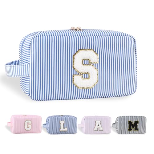 YogoRun Make-up-Tasche mit Glitzer-Chenille-Buchstabe, genäht, tragbarer Griff, wasserabweisend, Badezimmertasche für Damen, Nylon-Kosmetiktasche mit 3 Taschen, StripeBlue-S, Einheitsgröße, Modern von YogoRun