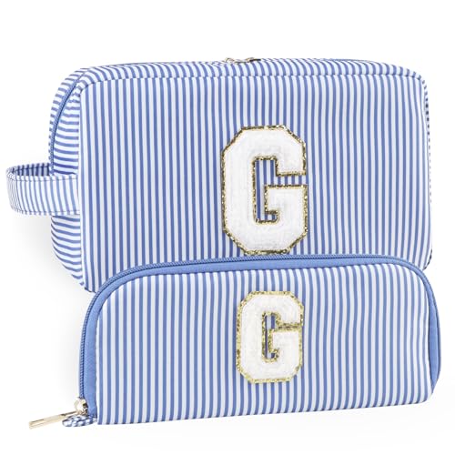 YogoRun Make-up-Tasche mit Glitzer-Chenille-Buchstabe, genäht, tragbarer Griff, wasserabweisend, Badezimmertasche für Damen, Nylon-Kosmetiktasche mit 3 Taschen, StripeBlueSet-G, Einheitsgröße, Modern von YogoRun