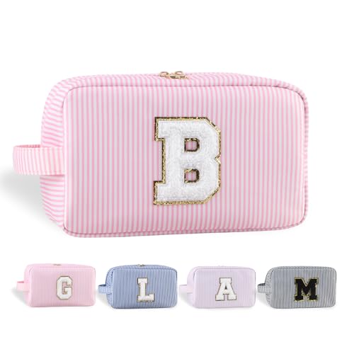 YogoRun Make-up-Tasche mit Glitzer-Chenille-Buchstabe, genäht, tragbarer Griff, wasserabweisend, Badezimmertasche für Damen, Nylon-Kosmetiktasche mit 3 Taschen, StripePink-B, Einheitsgröße, Modern von YogoRun