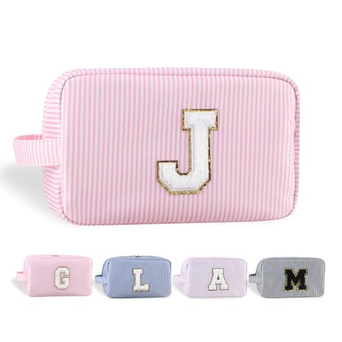 YogoRun Make-up-Tasche mit Glitzer-Chenille-Buchstabe, genäht, tragbarer Griff, wasserabweisend, Badezimmertasche für Damen, Nylon-Kosmetiktasche mit 3 Taschen, StripePink-J, Einheitsgröße, Modern von YogoRun