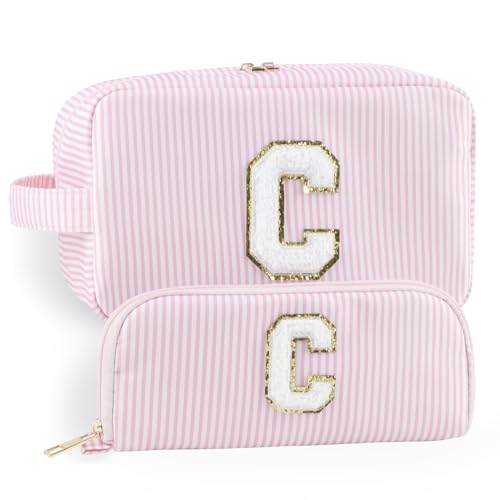 YogoRun Make-up-Tasche mit Glitzer-Chenille-Buchstabe, genäht, tragbarer Griff, wasserabweisend, Badezimmertasche für Damen, Nylon-Kosmetiktasche mit 3 Taschen, StripePinkSet-C, Einheitsgröße, Modern von YogoRun