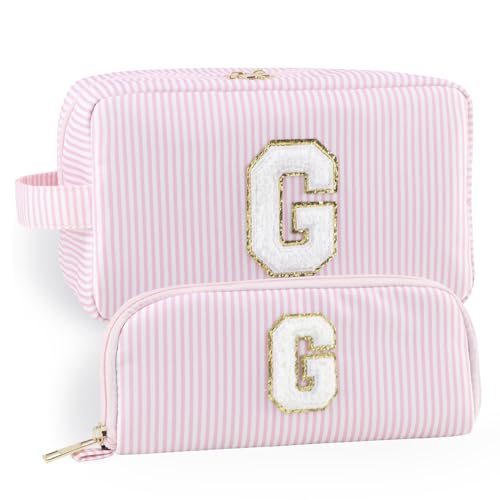 YogoRun Make-up-Tasche mit Glitzer-Chenille-Buchstabe, genäht, tragbarer Griff, wasserabweisend, Badezimmertasche für Damen, Nylon-Kosmetiktasche mit 3 Taschen, StripePinkSet-G, Einheitsgröße, Modern von YogoRun