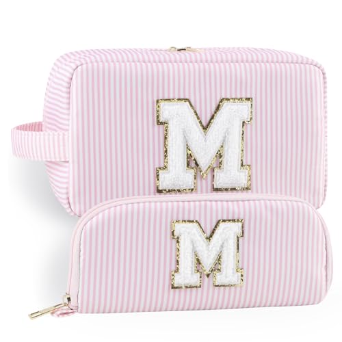 YogoRun Make-up-Tasche mit Glitzer-Chenille-Buchstabe, genäht, tragbarer Griff, wasserabweisend, Badezimmertasche für Damen, Nylon-Kosmetiktasche mit 3 Taschen, StripePinkSet-M, Einheitsgröße, Modern von YogoRun