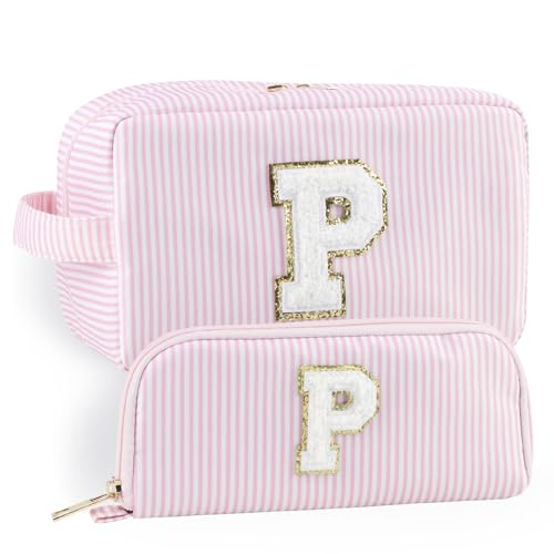 YogoRun Make-up-Tasche mit Glitzer-Chenille-Buchstabe, genäht, tragbarer Griff, wasserabweisend, Badezimmertasche für Damen, Nylon-Kosmetiktasche mit 3 Taschen, StripePinkSet-P, Einheitsgröße, Modern von YogoRun