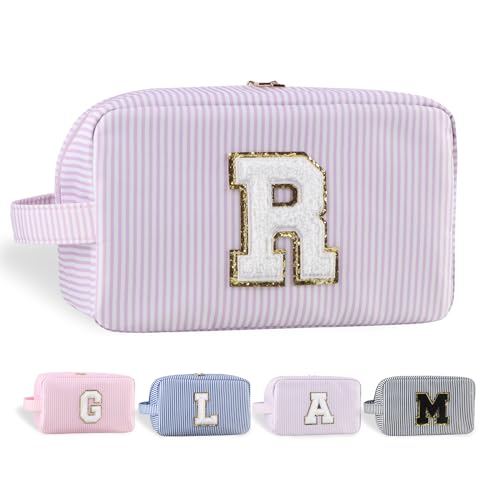 YogoRun Make-up-Tasche mit Glitzer-Chenille-Buchstabe, genäht, tragbarer Griff, wasserabweisend, Badezimmertasche für Damen, Nylon-Kosmetiktasche mit 3 Taschen, StripePurple-R, Einheitsgröße, Modern von YogoRun