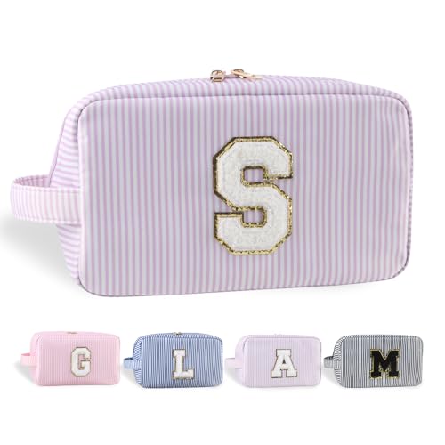 YogoRun Make-up-Tasche mit Glitzer-Chenille-Buchstabe, genäht, tragbarer Griff, wasserabweisend, Badezimmertasche für Damen, Nylon-Kosmetiktasche mit 3 Taschen, StripePurple-S, Einheitsgröße, Modern von YogoRun