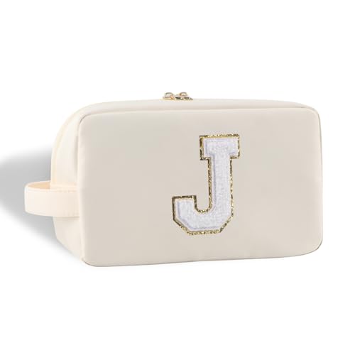 YogoRun Spring Break Essentials Monogramm Initiale Make-up-Tasche, wasserabweisend, Badezimmertasche für Damen, Nylon-Kosmetiktasche mit tragbarem Griff und Taschen, Beige, Einheitsgröße, J von YogoRun