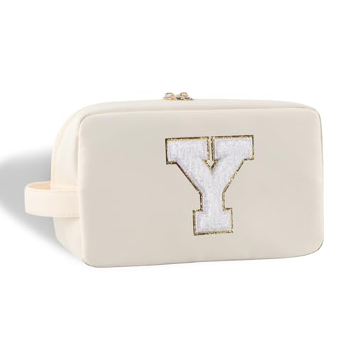 YogoRun Spring Break Essentials Monogramm Initiale Make-up-Tasche, wasserabweisend, Badezimmertasche für Damen, Nylon-Kosmetiktasche mit tragbarem Griff und Taschen, Beige, Einheitsgröße, Y von YogoRun