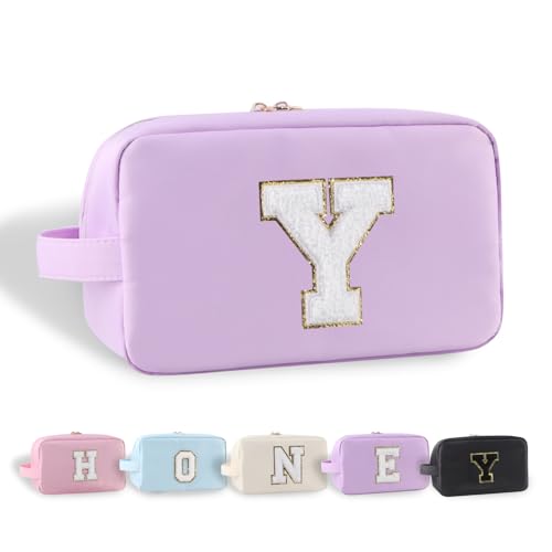 YogoRun Spring Break Essentials Monogramm Initiale Make-up-Tasche, wasserabweisend, Badezimmertasche für Damen, Nylon-Kosmetiktasche mit tragbarem Griff und Taschen, Flieder, Einheitsgröße, Y von YogoRun