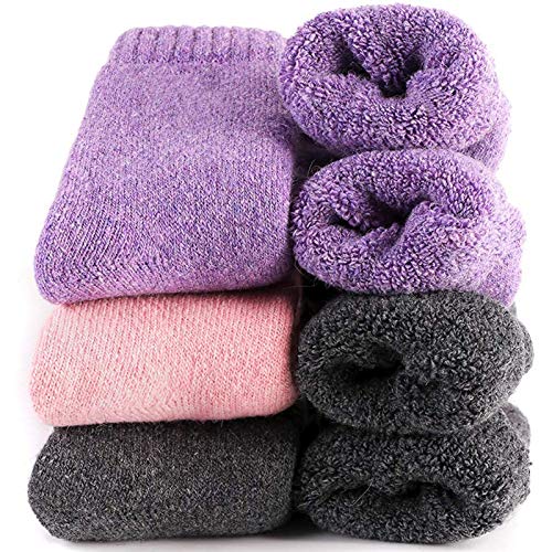 Damen Super Dicke Wollsocken Wintersocken,Warme Weich Dicke Kuschelsocken Damensocken Thermosocken Funktionssocken(3Paar),Damen 36-40 MEHRWEG(lila-rosa-dunkelgrau) von Yoicy