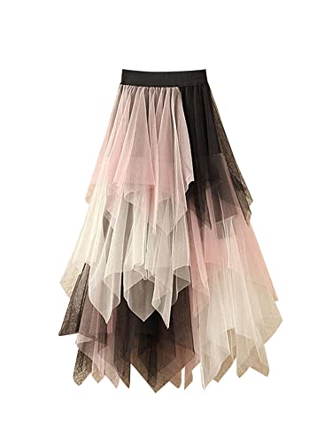 Damen A-Linie Unregelmäßige Mittellange Hohe Taille Tüllrock Einfarbig Elegant Elastische Taille Prinzessin Ballettkleid, B-pink apricot black, Einheitsgröße von Yoisdtxc