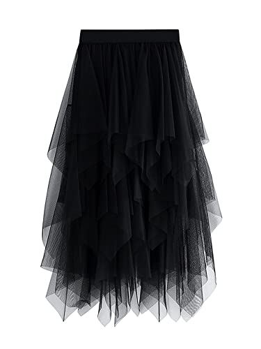 Damen-Ballettkleid, A-Linie, unregelmäßig, mittellang, hohe Taille, Tüllrock, einfarbig, Elegante, elastische Taille, Prinzessin-Ballettkleid (A-Black, ONE Size) von Yoisdtxc