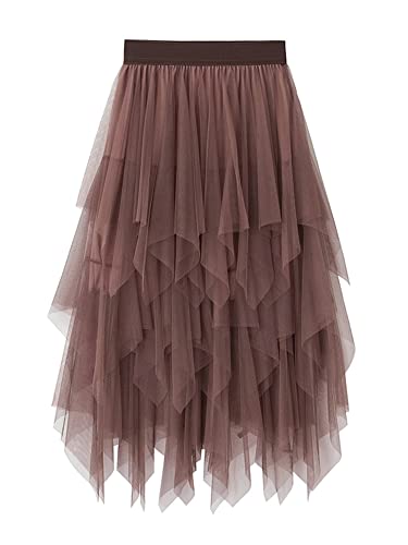 Damen-Ballettkleid, A-Linie, unregelmäßig, mittellang, hohe Taille, Tüllrock, einfarbig, Elegante, elastische Taille, Prinzessin-Ballettkleid (A-Brown, ONE Size) von Yoisdtxc