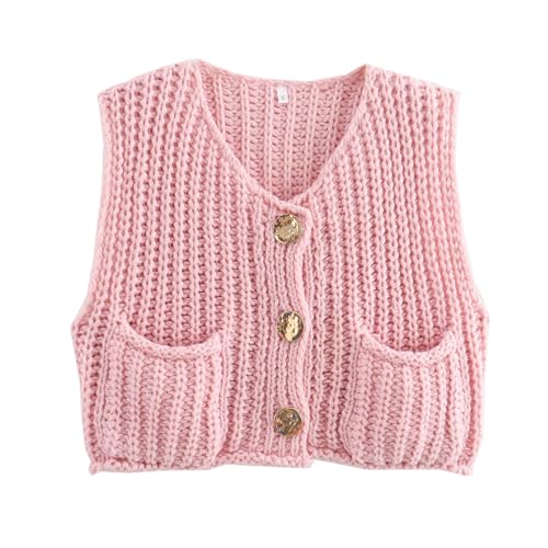Damen-Strickjacke, gehäkelt, Grobstrick, ärmellos, Button-Down-Pullover, V-Ausschnitt, Weste mit Taschen, Y2k Streetwear, rose, S Damen-Strickjacke, gehäkelt, Grobstrick, ärmellos, Button-Down-Pullover, V-Ausschnitt, Weste mit Taschen, Y2k Streetwear, rose, S von Yoisdtxc