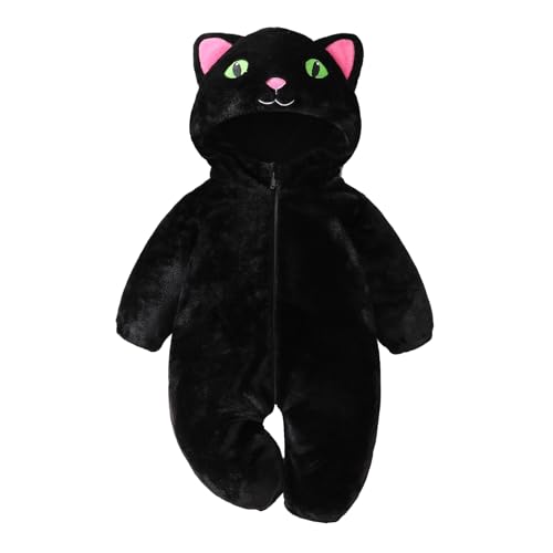 Yoisdtxc Baby Mädchen Junge Halloween Tier Kostüm Niedliche Schwarze Katze Kostüm Säugling Herbst Winter Warm Fuzzy Kapuze Overall Schneeanzug, schwarze katze, 18-24 Months von Yoisdtxc