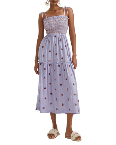 Yoisdtxc Damen Boho Floral Maxikleid 3D Blume Quadratischer Ausschnitt Gerafft Gestuft A-Linie Tie Up Spaghettiträger Kleid für Sommer, hellviolett, Small von Yoisdtxc