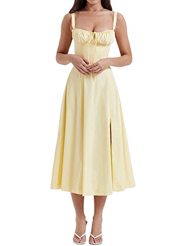 Yoisdtxc Damen Casual Bohemian A-Linie Kleid Einfarbig Knopf Ärmellos Neckholder Kleid Strand Urlaub Party Midi Kleid, B-gelb, Small von Yoisdtxc