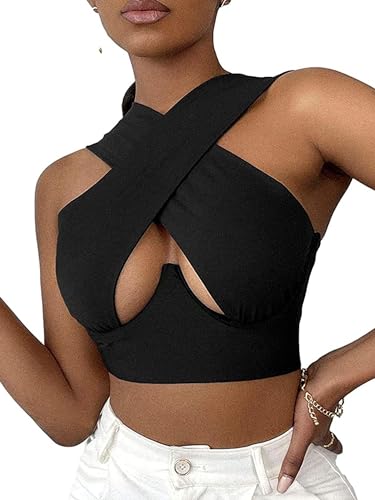 Yoisdtxc Damen Crisscross Neckholder Tank Tops Cut Out Crop Top Ärmellos Front Wrap Rückenfrei Cami Crop Top Y2K Bustier Korsett, Schwarz , XXL von Yoisdtxc