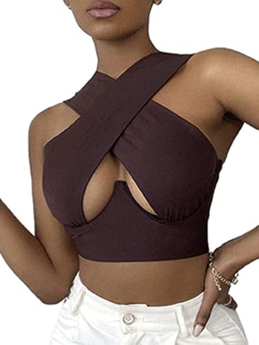 Yoisdtxc Damen Crisscross Neckholder Tank Tops Cut Out Crop Top Ärmellos Front Wrap Rückenfrei Cami Crop Top Y2K Bustier Korsett, braun, L von Yoisdtxc