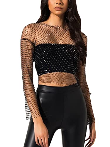 Yoisdtxc Damen-Mesh-Shirt mit Ausschnitt, einfarbig, glitzernde Strasssteine, Rundhalsausschnitt, lange Ärmel, durchsichtiges Netz-Top, Clubwear, A-schwarz, S von Yoisdtxc