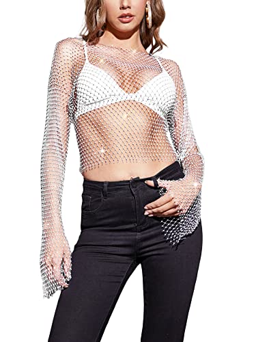Yoisdtxc Damen-Mesh-Shirt mit Ausschnitt, einfarbig, glitzernde Strasssteine, Rundhalsausschnitt, lange Ärmel, durchsichtiges Netz-Top, Clubwear, A-weiß, M von Yoisdtxc