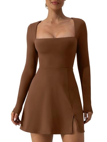Yoisdtxc Damen Einfarbig Quadratischer Ausschnitt Langarm Kleid Achselzucken Schulter Split Bottom Kurzer Rock Elastisches Horn Minikleid, A-Kaffee 1, X-Large von Yoisdtxc