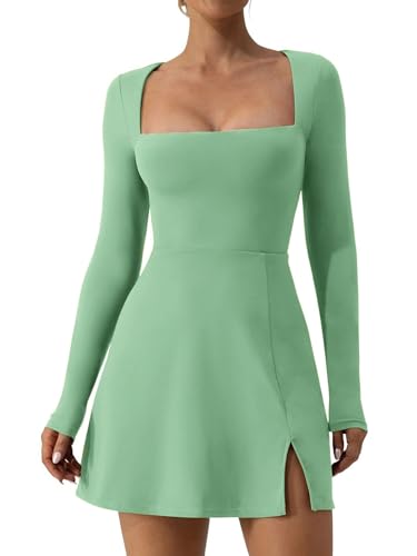 Yoisdtxc Damen Einfarbig Quadratischer Ausschnitt Langarm Kleid Achselzucken Schulter Split Bottom Kurzer Rock Elastisches Horn Minikleid, A-grün 1, Medium von Yoisdtxc