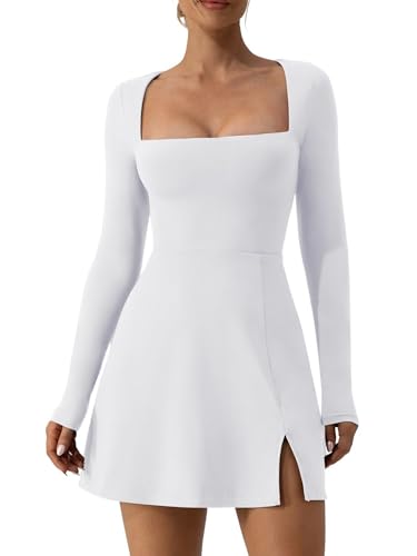 Yoisdtxc Damen Einfarbig Quadratischer Ausschnitt Langarm Kleid Achselzucken Schulter Split Bottom Kurzer Rock Elastisches Horn Minikleid, A-weiß 1, Small von Yoisdtxc