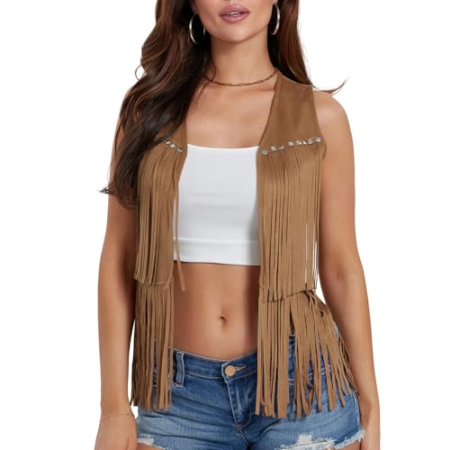 Yoisdtxc Damen Fransenweste Cowgirls Ärmellos Quaste Jacke Western Faux Wildleder 70er Hippie Cardigan, A-Kaki, XL von Yoisdtxc