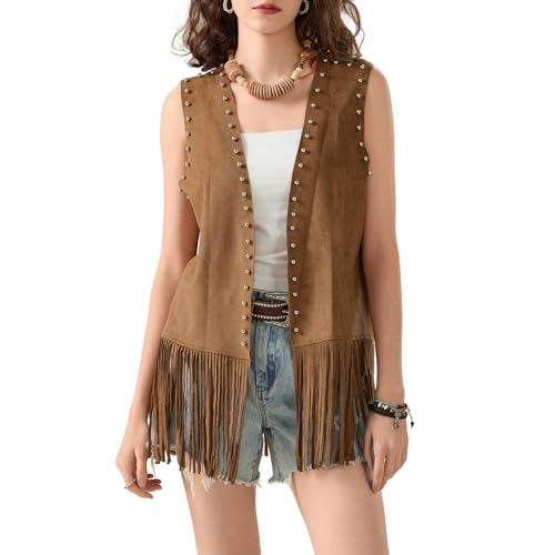Yoisdtxc Damen Fransenweste Cowgirls Ärmellos Quaste Jacke Western Faux Wildleder 70er Hippie Cardigan, C-Hellbraun, 50 von Yoisdtxc