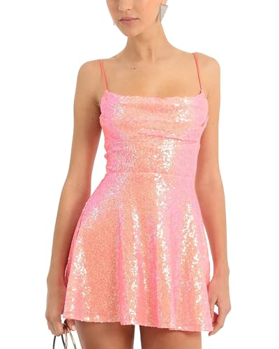 Yoisdtxc Damen Glitzer Pailletten Minikleid Sparkly Rückenfrei Spaghettiträger A Linie Kleid für Cocktail Strand Streetwear, Rosa / Orange, Medium von Yoisdtxc