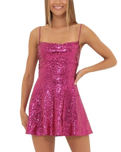 Yoisdtxc Damen Glitzer Pailletten Minikleid Sparkly Rückenfrei Spaghettiträger A Linie Kleid für Cocktail Strand Streetwear, rosarot, S von Yoisdtxc