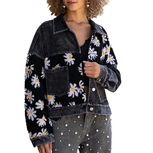 Yoisdtxc Damen Herbst Cord Jacke, Sonnenblumenmuster Langarm Revers Knopfverschluss Tasche Mantel Shacket Outwear, A-schwarz, 38 von Yoisdtxc