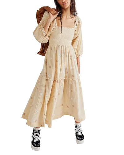 Yoisdtxc Damen-Maxikleid mit gesmoktem quadratischem Ausschnitt, A-Linie, fließend, Blumendruck, halbe Ärmel, rückenfrei, Stickerei, lockeres Swing-Kleid, aprikose, Small von Yoisdtxc