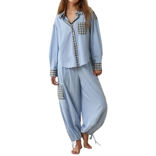 Yoisdtxc Damen-Pyjama-Set, kariert, langärmelig, Knopfverschluss, Hemd mit elastischer Taille, Hose, Nachtwäsche, Loungewear, A-Blau, 42 von Yoisdtxc