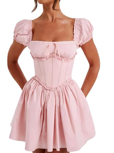 Yoisdtxc Damen Retro Fee Spitze Minirock Schulterfrei Rückenfrei Rüschen Einfarbig Y2K Tube Top Kleid Streetwear, E-pink, L von Yoisdtxc