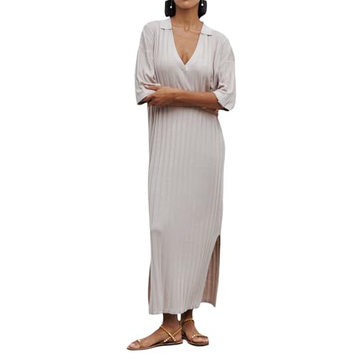 Yoisdtxc Damen Strickkleid Lang Elegant Halbarm V-Ausschnitt Einfarbig Lose Schlitz Kleid Sommer Strickkleid, A-grau, Medium von Yoisdtxc
