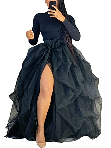 Yoisdtxc Damen Tüll Tutu Lange Röcke Bandage Mesh Maxikleid Überrock Bodenlang Kleid Hohe Taille Halbes Kleid A-Linie Puff-Mesh Maxi, B-schwarz, Einheitsgröße von Yoisdtxc