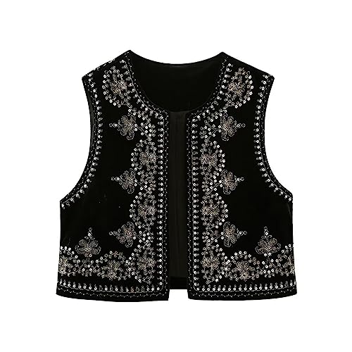 Yoisdtxc Damen Weste Ärmellos Cardigan Blumen Bestickte Weste Retro Ethno Style Weste Mantel Kurz Cardigan Sommer Weste, B-schwarz, 36 von Yoisdtxc