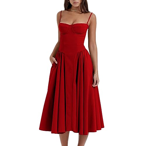 Yoisdtxc Frauen Sommer Casual A-Linie Kleid Einfarbig Ärmellos Rückenfrei Midi Kleid Mode Seitentaschen Low-Cut Cami Kleid, rot (a), Small von Yoisdtxc