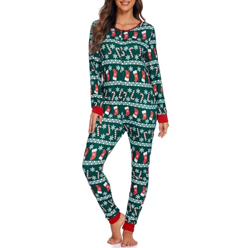Yoisdtxc Frauen Weihnachten Pyjamas Jumpsuit Cartoon Druck Langarm Button Down Slim Strampler Loungewear, A-grün, 42 von Yoisdtxc