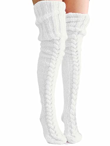 Yoisdtxc Frauen Wolle Oberschenkelhohe Socken Zopfstrick Hohe Stiefel Socken Winter Overknee Strümpfe Flauschige Warme Leggings, A-Beige, Einheitsgröße von Yoisdtxc