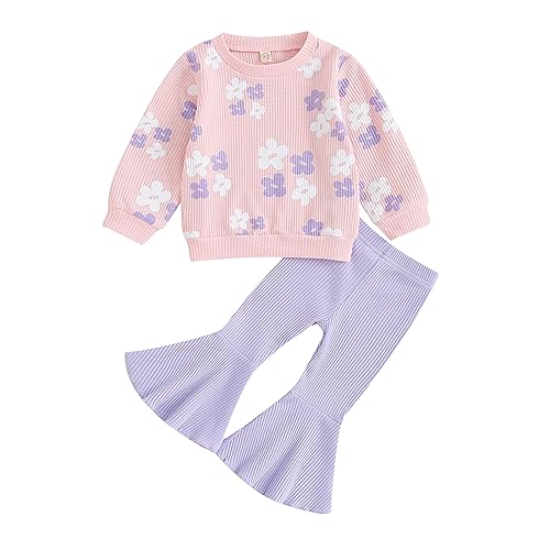 Yoisdtxc Kinder Kleinkind Mädchen Herbst Winter Kleidung Blumen Langarm Waffel Shirt Schlaghose Gerippte Glockenhose Outfits 2 Stück, A-Pink, 1-2 Years von Yoisdtxc