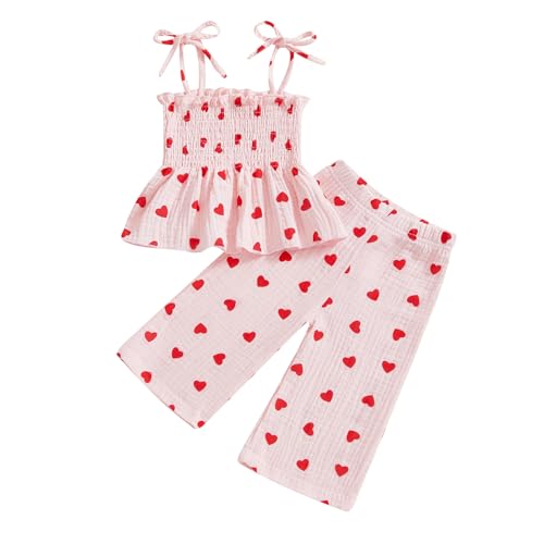 Yoisdtxc Kleinkind Baby Mädchen Kleidung Sommer Raffung Tops Baumwolle Leinen Hosen Set Säugling gesmoktes 2-teiliges Outfit, C-rot, 3-4 Years von Yoisdtxc