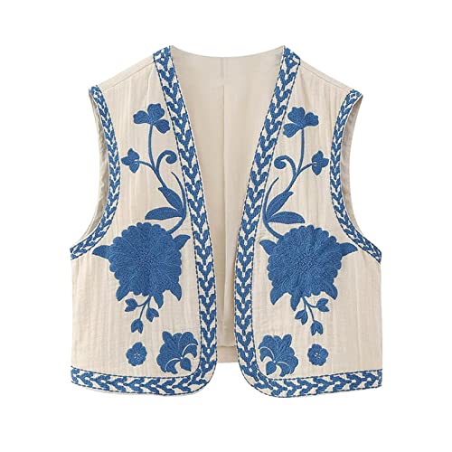 Yoisdtxc Damen Ärmellos Cardigan Floral Stickerei Weste Retro Ethno Stil Mantel Kurze Strickjacke Sommer, A-Blau, L von Yoisdtxc