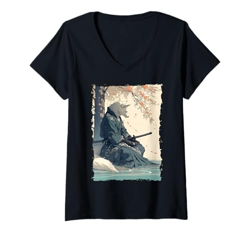 Damen Kitsune Samurai-Krieger Japan Mythos Fuchsgeist T-Shirt mit V-Ausschnitt Damen Kitsune Samurai-Krieger Japan Mythos Fuchsgeist T-Shirt mit V-Ausschnitt von Yokai Ästhetik Geschenk Ronin Katana Energie
