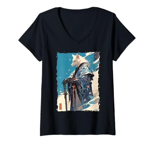 Damen Kitsune Samurai-Krieger Japan Mythos Fuchsgeist T-Shirt mit V-Ausschnitt Damen Kitsune Samurai-Krieger Japan Mythos Fuchsgeist T-Shirt mit V-Ausschnitt von Yokai Ästhetik Geschenk Ronin Katana Energie